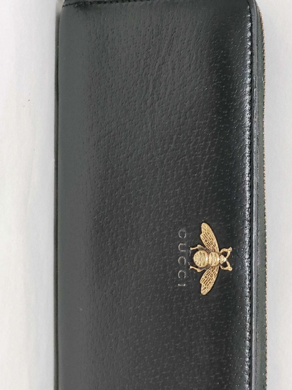 Gucci Animalier Bee Black Leather Zip Around Long Wallet Gold Hardware